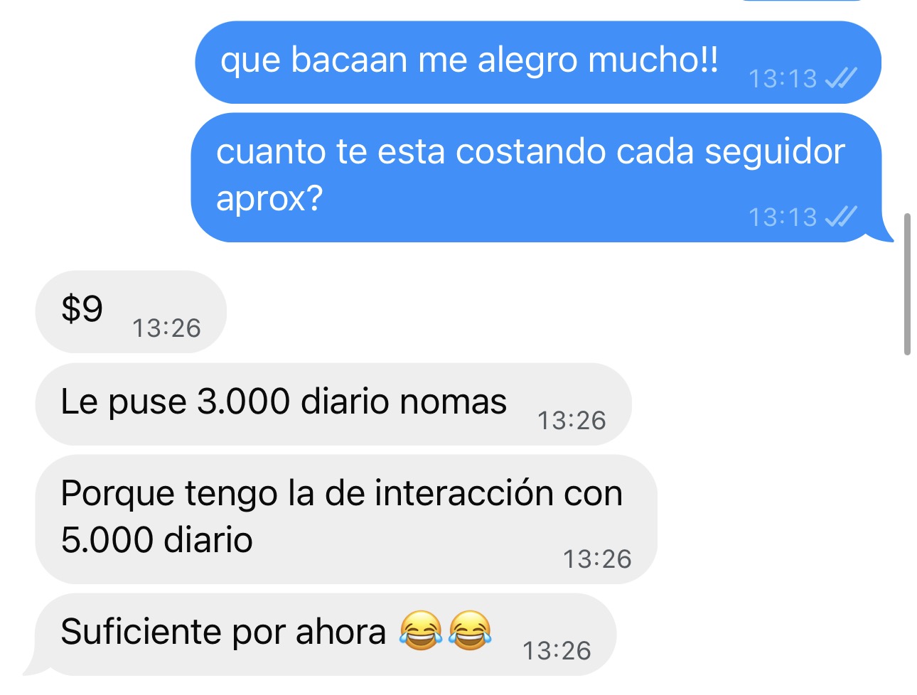 Captura de una conversación con un alumno sobre el costo por seguidor de sus campañas