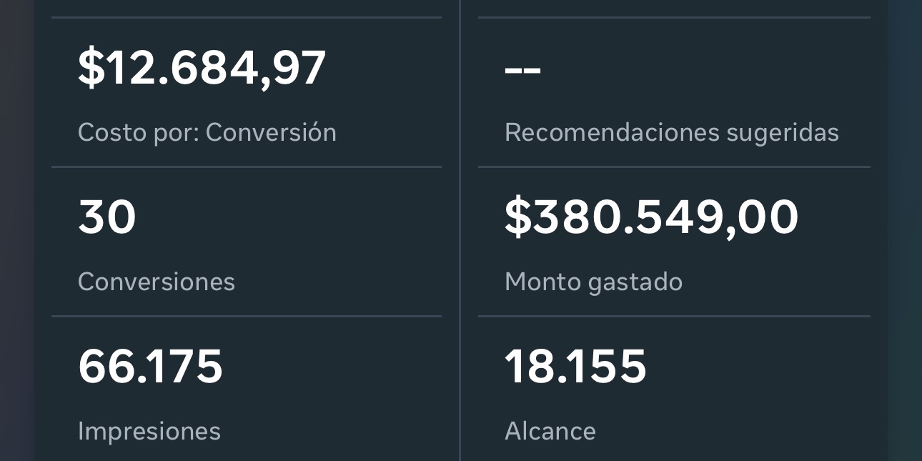 Captura del panel de resultados de una campaña con conversiones, impresiones y alcance